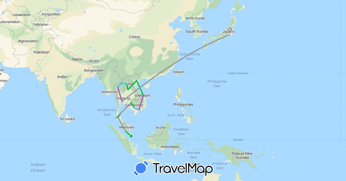 TravelMap itinerary: driving, bus, plane, train, boat in Japan, Cambodia, Laos, Malaysia, Singapore, Thailand, Vietnam (Asia)